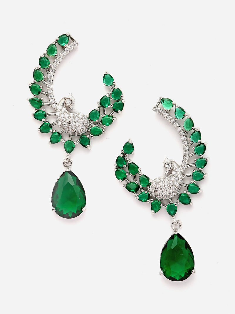 Rhodium-Plated Green American Diamond studded Peacock & Feather Shaped Drop Earrings