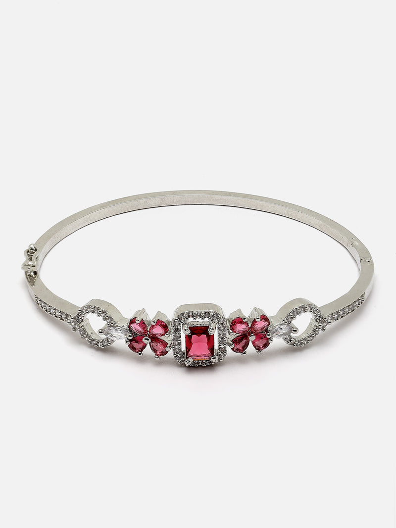 Rhodium-Plated Silver Toned Red American Diamond Studded Kada Bracelet