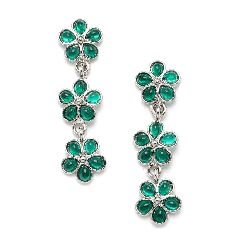 Oxidised Silver-Plated Flower Shaped Green American Diamond Studded Necklace Earrings Jewellery Set