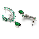 Rhodium Plated Peacock Feather Green American Diamond Contemporary Long Drop Earrings