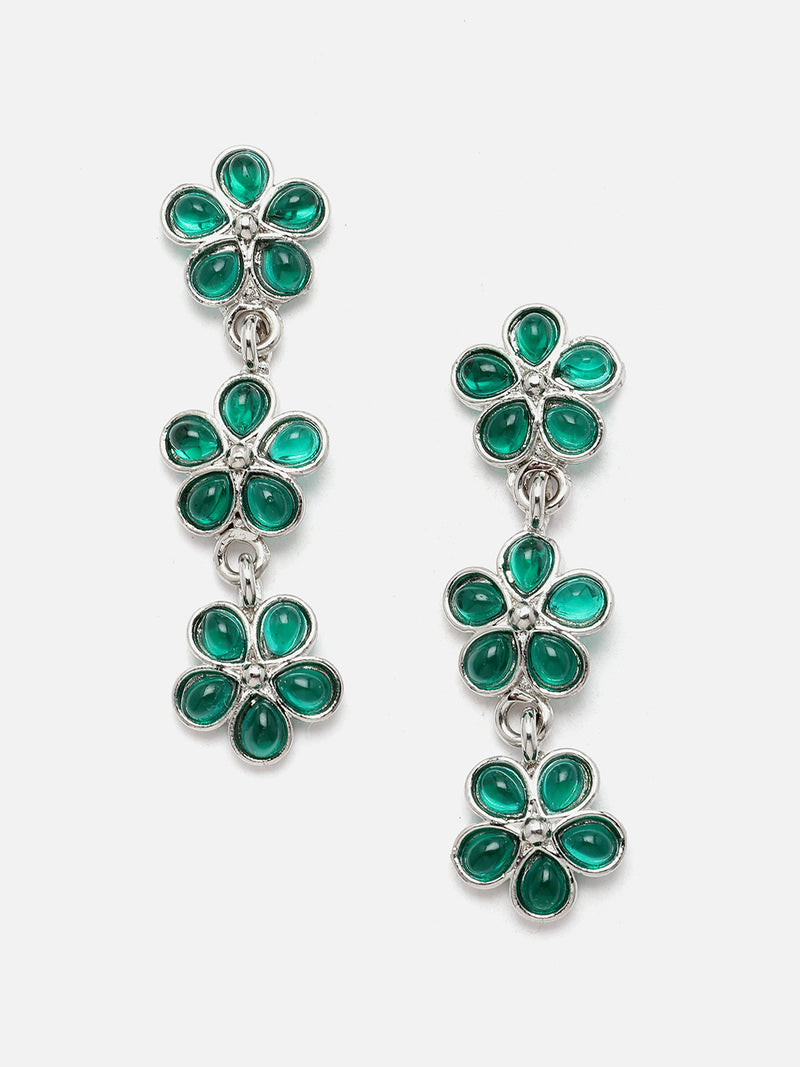 Oxidised Silver-Plated Flower Shaped Green American Diamond Studded Necklace Earrings Jewellery Set