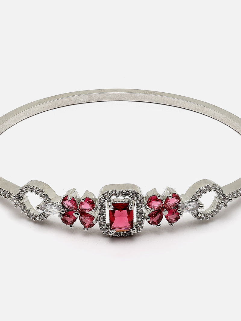 Rhodium-Plated Silver Toned Red American Diamond Studded Kada Bracelet