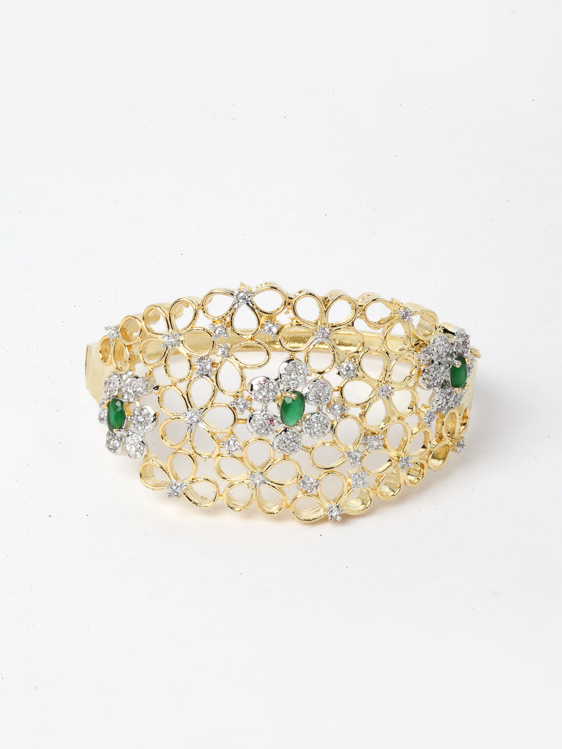 Gold-Plated Green & White American Diamond Bangle-Style Bracelet & Ring