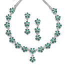 Oxidised Silver-Plated Flower Shaped Green American Diamond Studded Necklace Earrings Jewellery Set