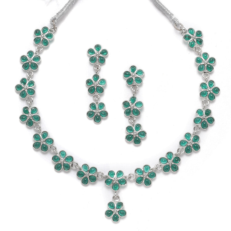 Oxidised Silver-Plated Flower Shaped Green American Diamond Studded Necklace Earrings Jewellery Set