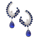 Rhodium-Plated Navy Blue American Diamond studded Peacock & Feather Shaped Drop Earrings