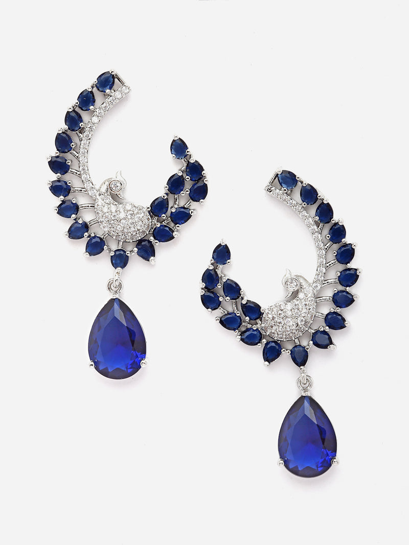 Rhodium-Plated Navy Blue American Diamond studded Peacock & Feather Shaped Drop Earrings
