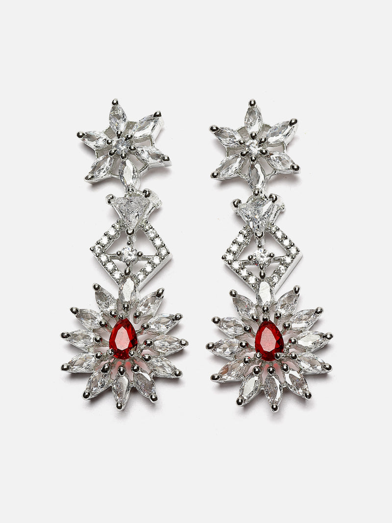 Rhodium-Plated Red & White Dribble Shape American Diamonds Studded Necklace & Earrings Jewellery Set