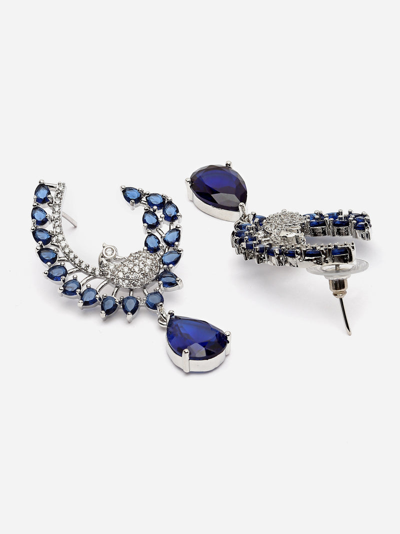 Rhodium-Plated Navy Blue American Diamond studded Peacock & Feather Shaped Drop Earrings