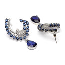 Rhodium Plated Peacock Feather Blue American Diamond Contemporary Long Drop Earrings