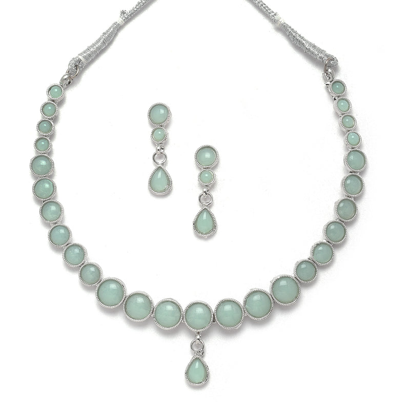 Oxidised Silver-Plated Lime Green Round American Diamond Studded Necklace with Earring Jewellery Set