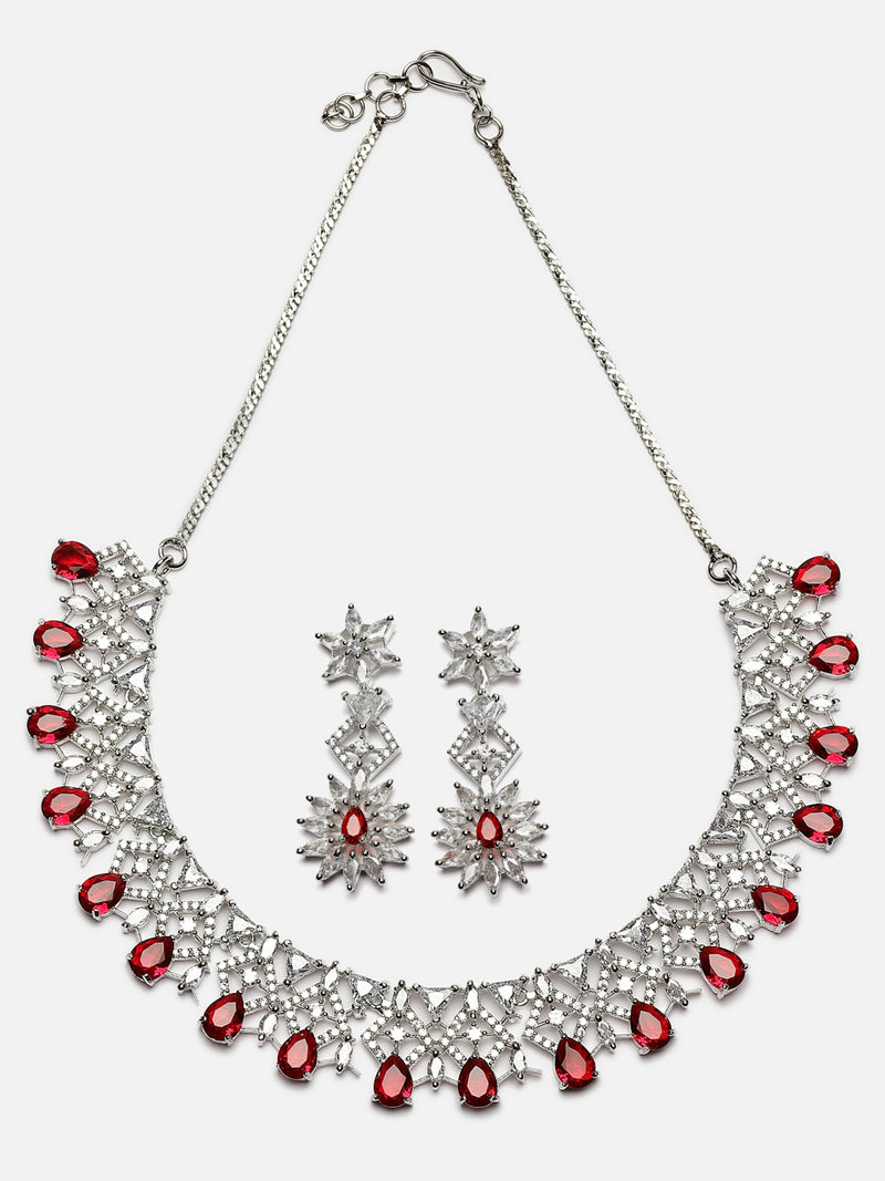 Rhodium-Plated Red & White Dribble Shape American Diamonds Studded Necklace & Earrings Jewellery Set