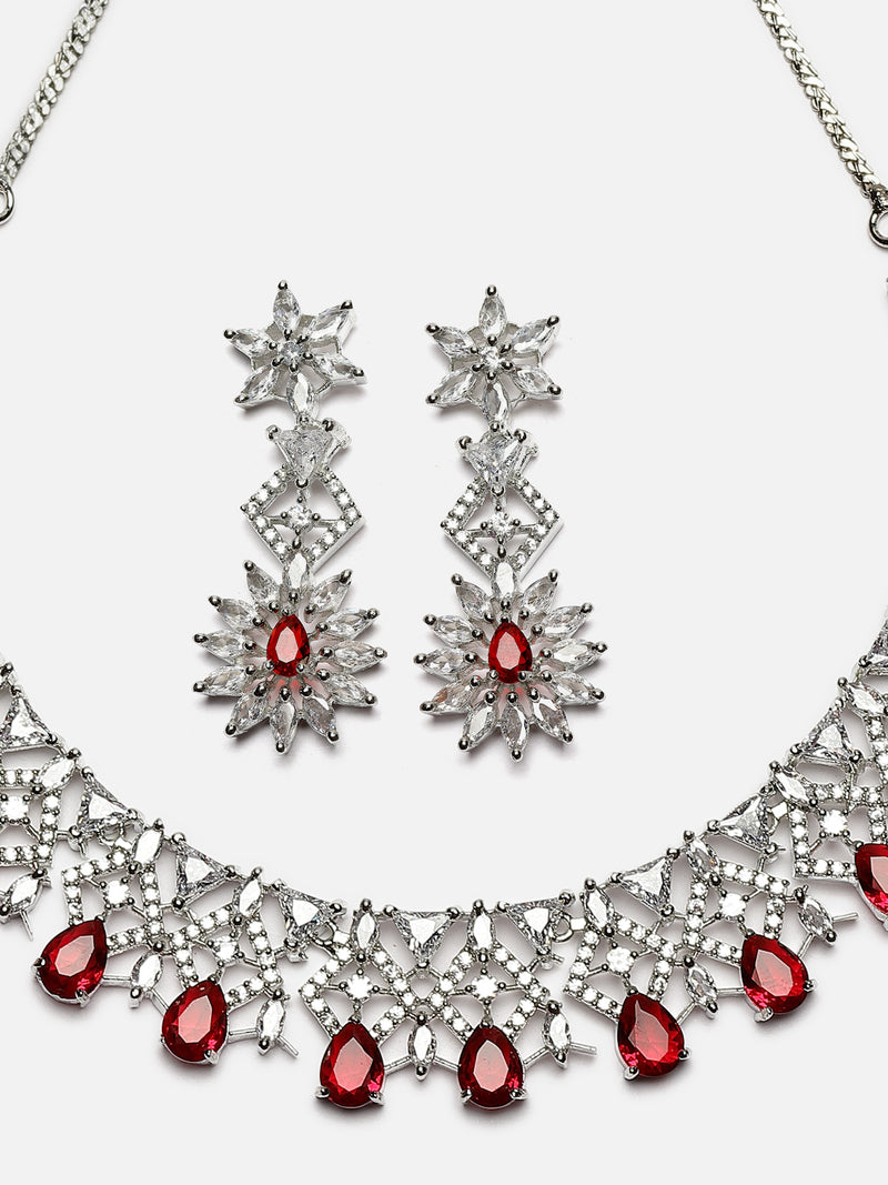 Rhodium-Plated Red & White Dribble Shape American Diamonds Studded Necklace & Earrings Jewellery Set