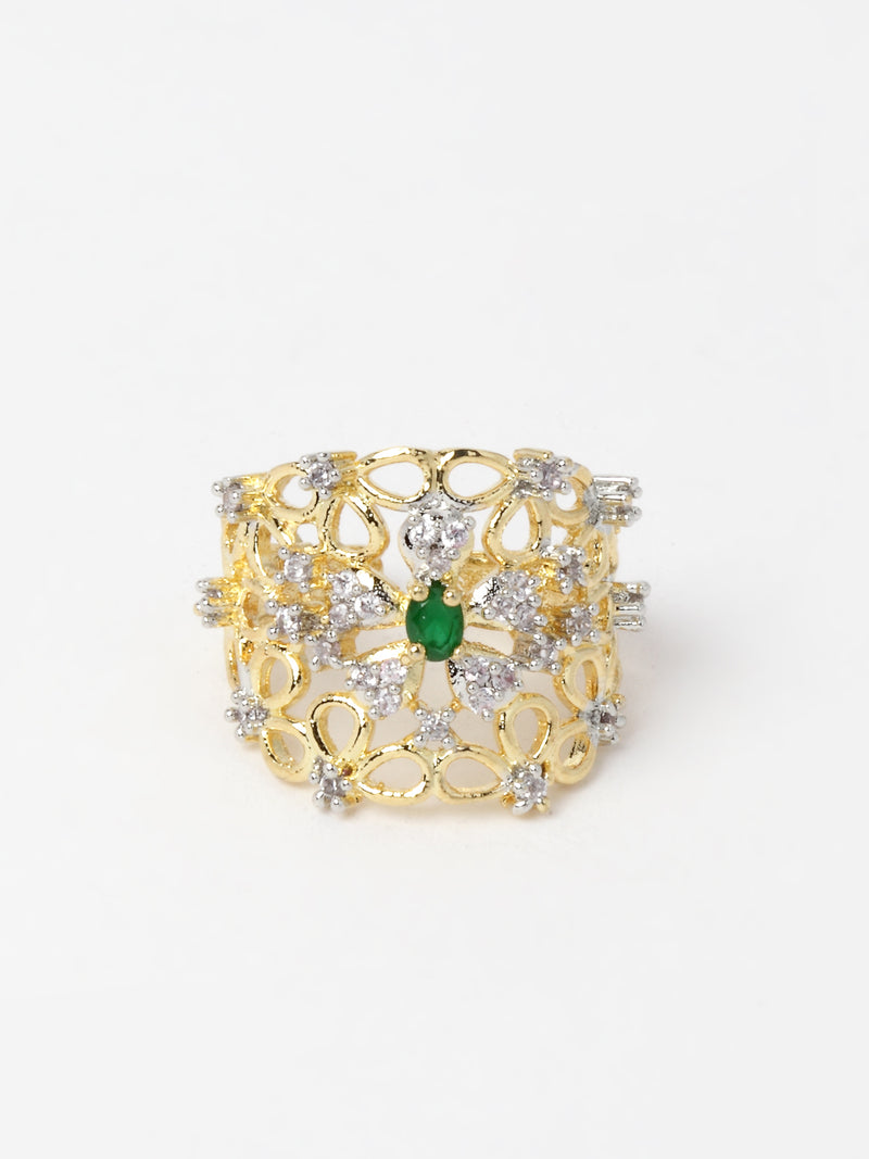 Gold-Plated Green & White American Diamond Bangle-Style Bracelet & Ring