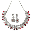 Rhodium-Plated Red & White Dribble Shape American Diamonds Studded Necklace & Earrings Jewellery Set