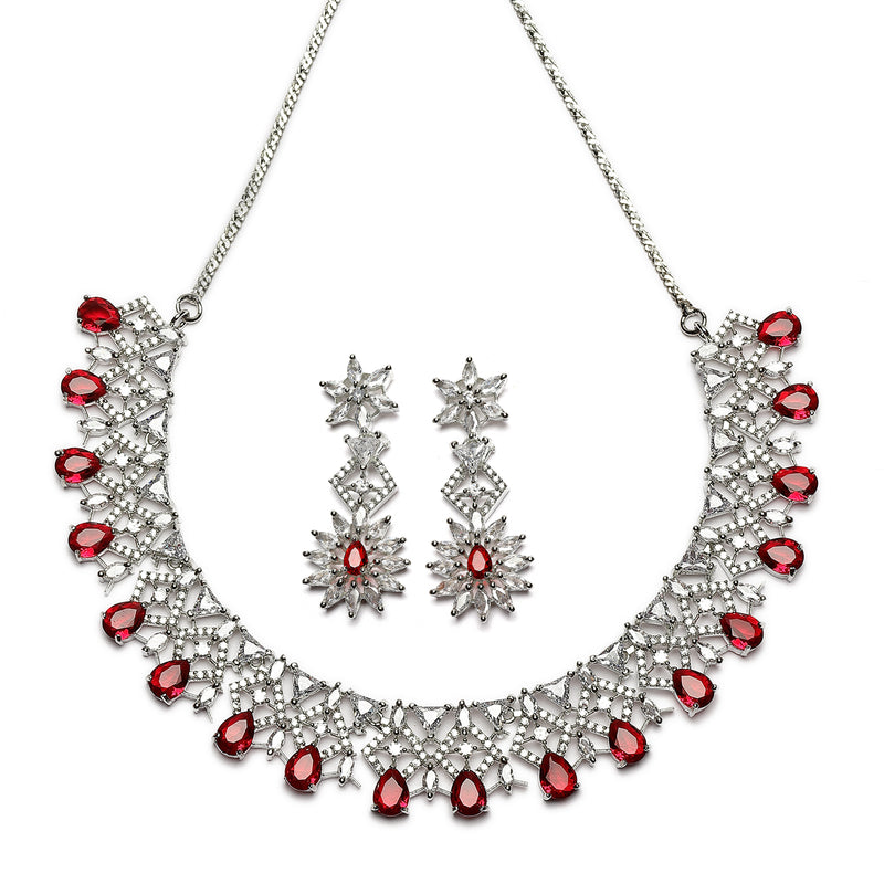Rhodium-Plated Red & White Dribble Shape American Diamonds Studded Necklace & Earrings Jewellery Set