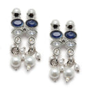 Oxidised Silver-Plated Navy Blue American Diamond & White Pearl Studded Necklace Earrings Jewellery Set