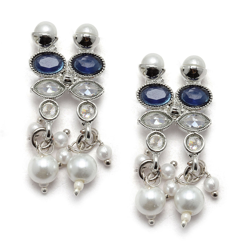 Oxidised Silver-Plated Navy Blue American Diamond & White Pearl Studded Necklace Earrings Jewellery Set