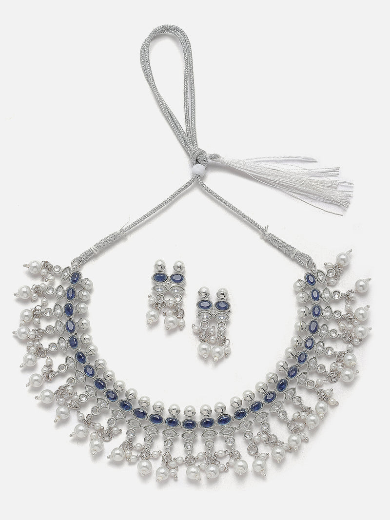 Oxidised Silver-Plated Navy Blue American Diamond & White Pearl Studded Necklace Earrings Jewellery Set