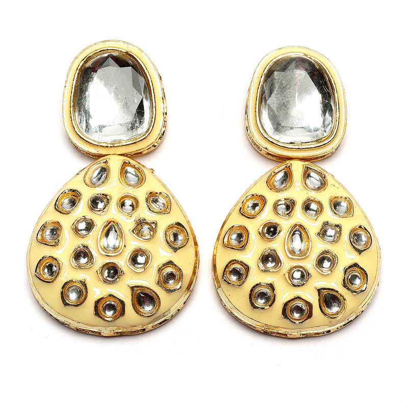 Gold-Plated Kundan Studded Yellow Enamelled Necklace With Earrings Jewellery Set