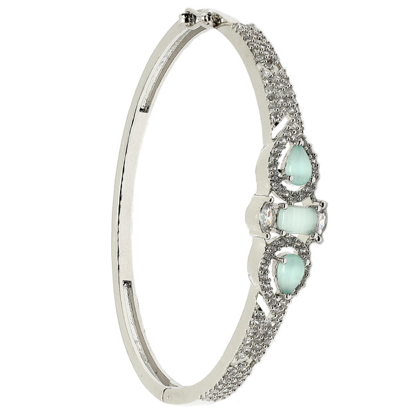 Rhodium-Plated Silver Toned Teardrop & Square Shaped Sea Green American Diamond Studded Bracelet