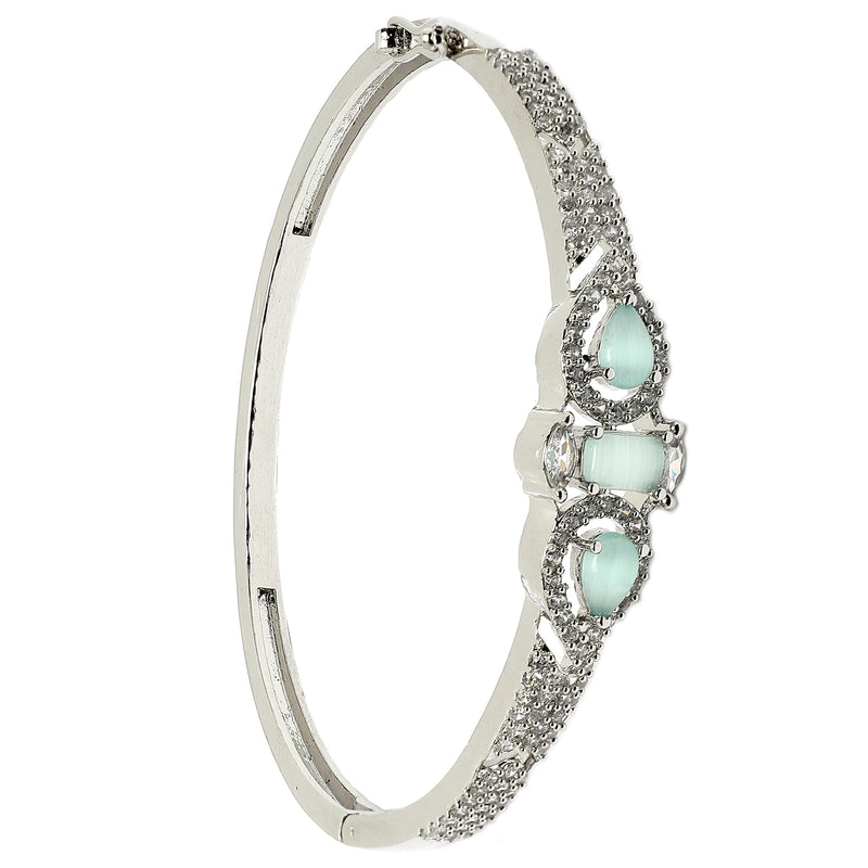Rhodium-Plated Silver Toned Teardrop & Square Shaped Sea Green American Diamond Studded Bracelet