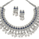 Oxidised Silver-Plated Navy Blue American Diamond & White Pearl Studded Necklace Earrings Jewellery Set