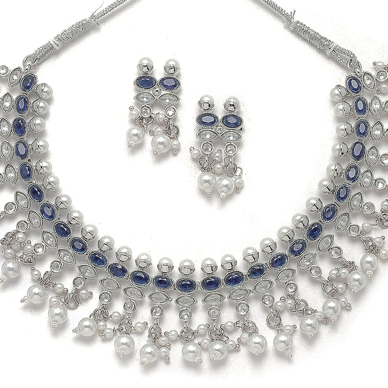 Oxidised Silver-Plated Navy Blue American Diamond & White Pearl Studded Necklace Earrings Jewellery Set