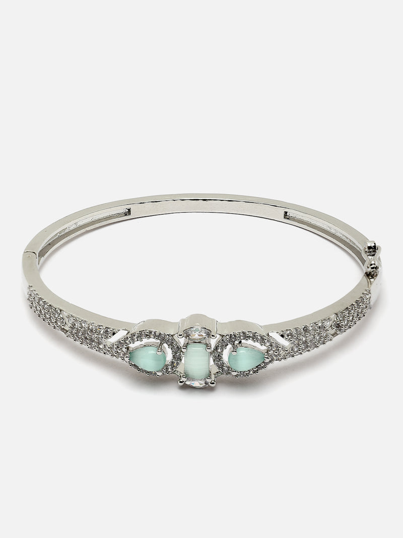 Rhodium-Plated Sea Green Teardrop & Square Shape American Diamond Studded Kada Bracelet