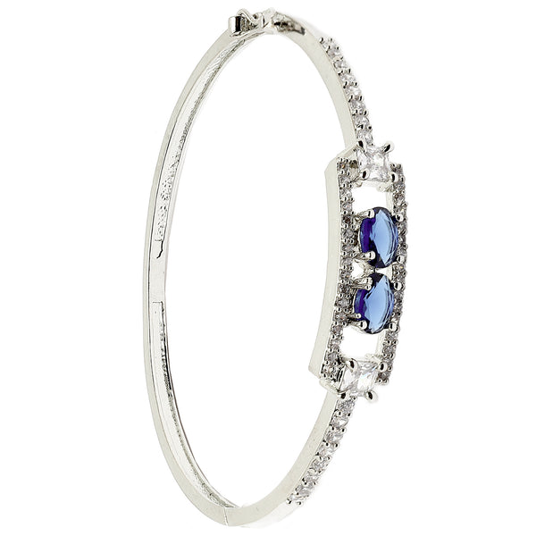 Rhodium-Plated Silver Toned Navy Blue American Diamond Studded Kada Bracelet