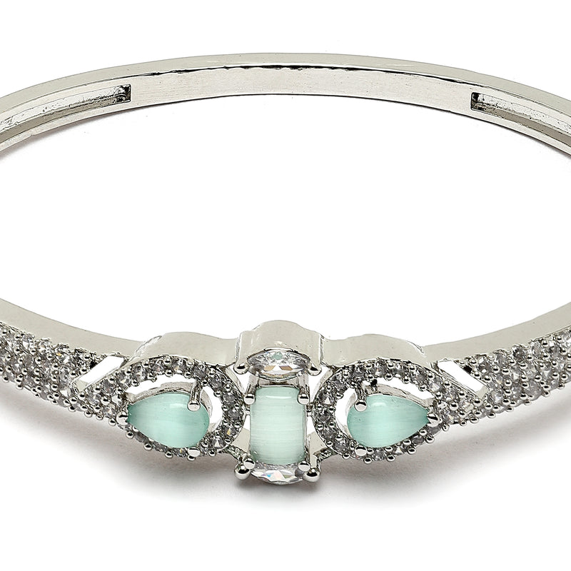 Rhodium-Plated Silver Toned Teardrop & Square Shaped Sea Green American Diamond Studded Bracelet