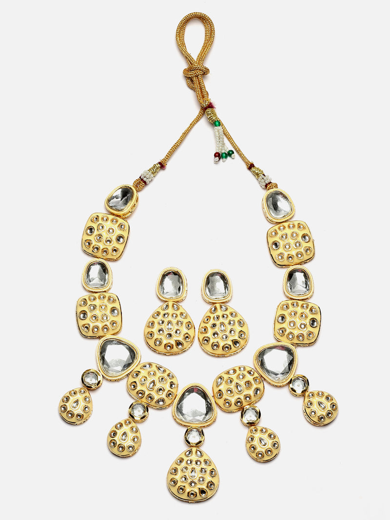 Gold-Plated Kundan Studded Yellow Enamelled Necklace With Earrings Jewellery Set