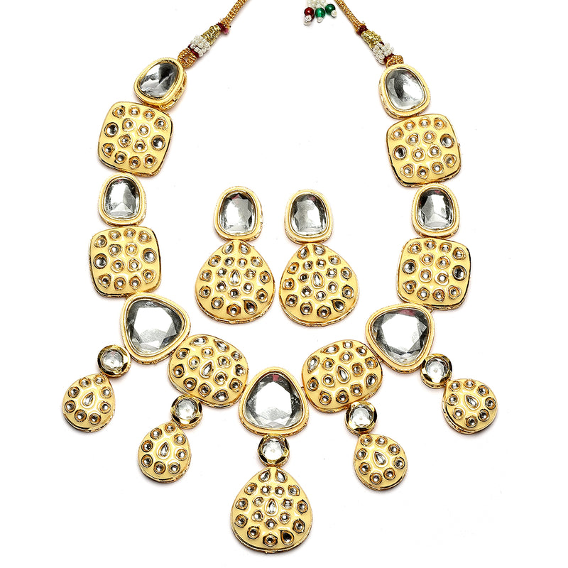 Gold-Plated Kundan Studded Yellow Enamelled Necklace With Earrings Jewellery Set
