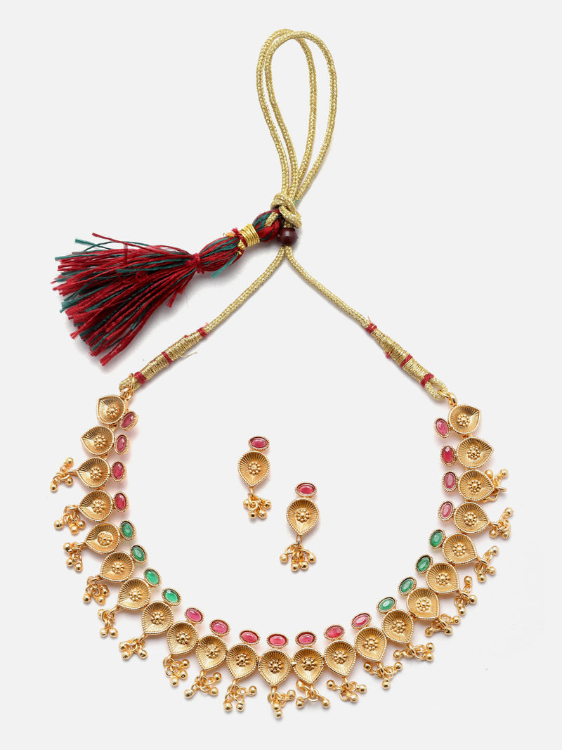 Gold-Plated Green & Red Artificial Stone Studded Antique Necklace with Earrings Jewellery Set