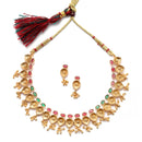 Gold-Plated Green & Red Artificial Stone Studded Antique Necklace with Earrings Jewellery Set
