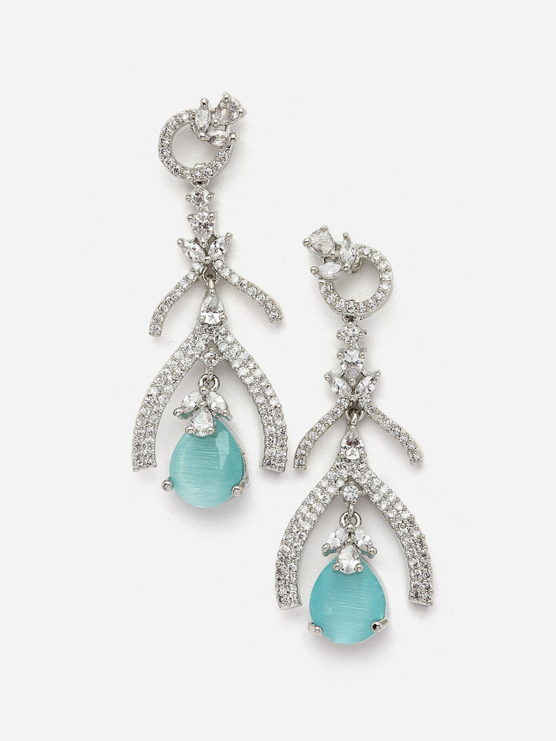 Rhodium-Plated Sky Blue American Diamond studded Teardrop & Quirky Shaped Drop Earrings