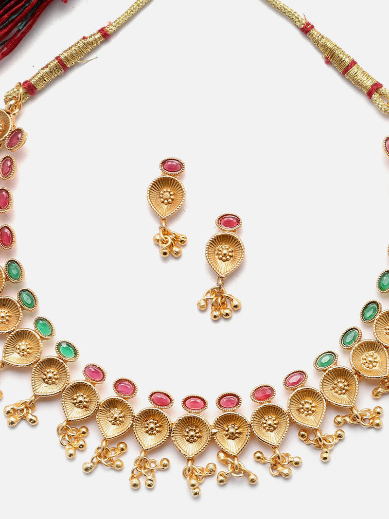 Gold-Plated Green & Red Artificial Stone Studded Antique Necklace with Earrings Jewellery Set