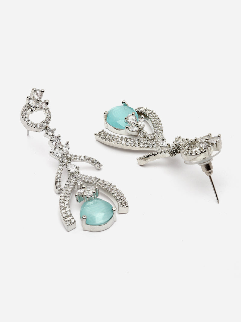 Rhodium-Plated Sky Blue American Diamond studded Teardrop & Quirky Shaped Drop Earrings