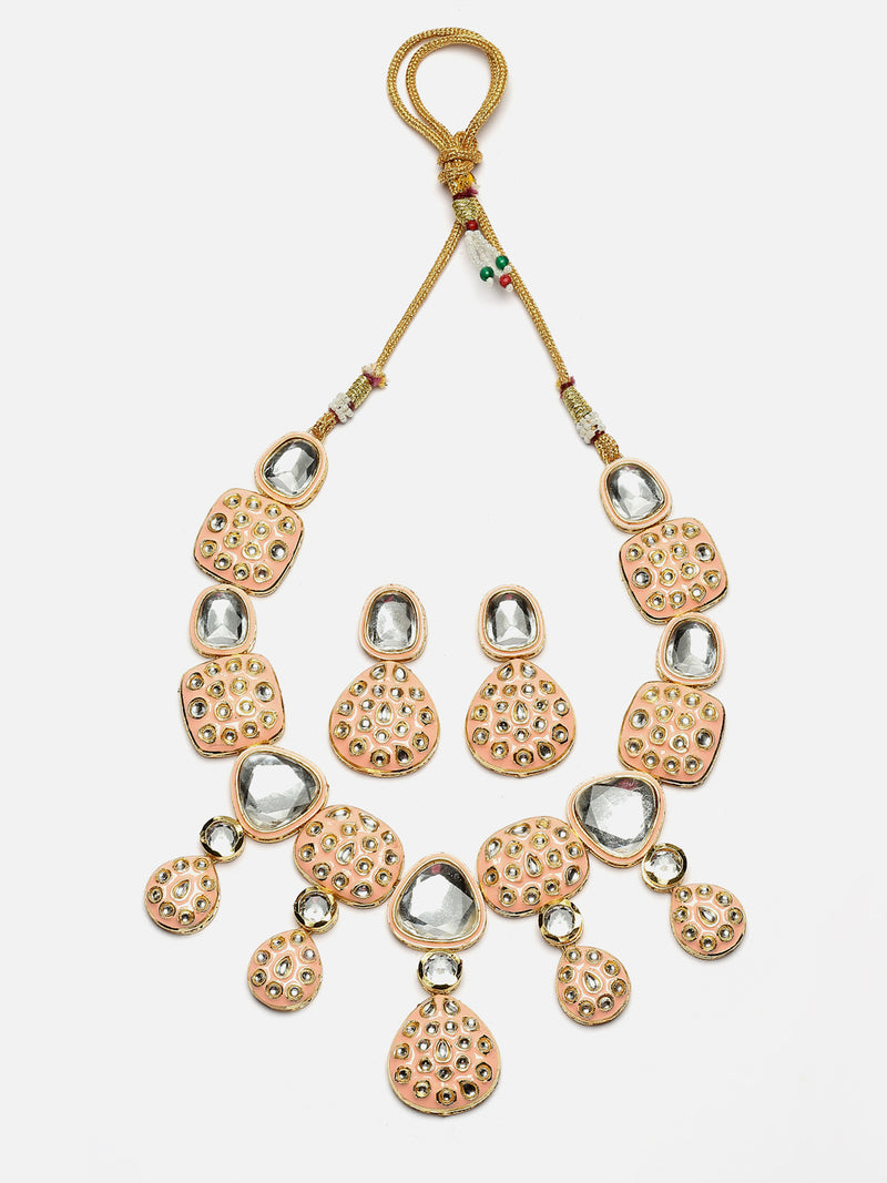 Gold-Plated Kundan Studded Pink Enamelled Necklace With Earrings Jewellery Set