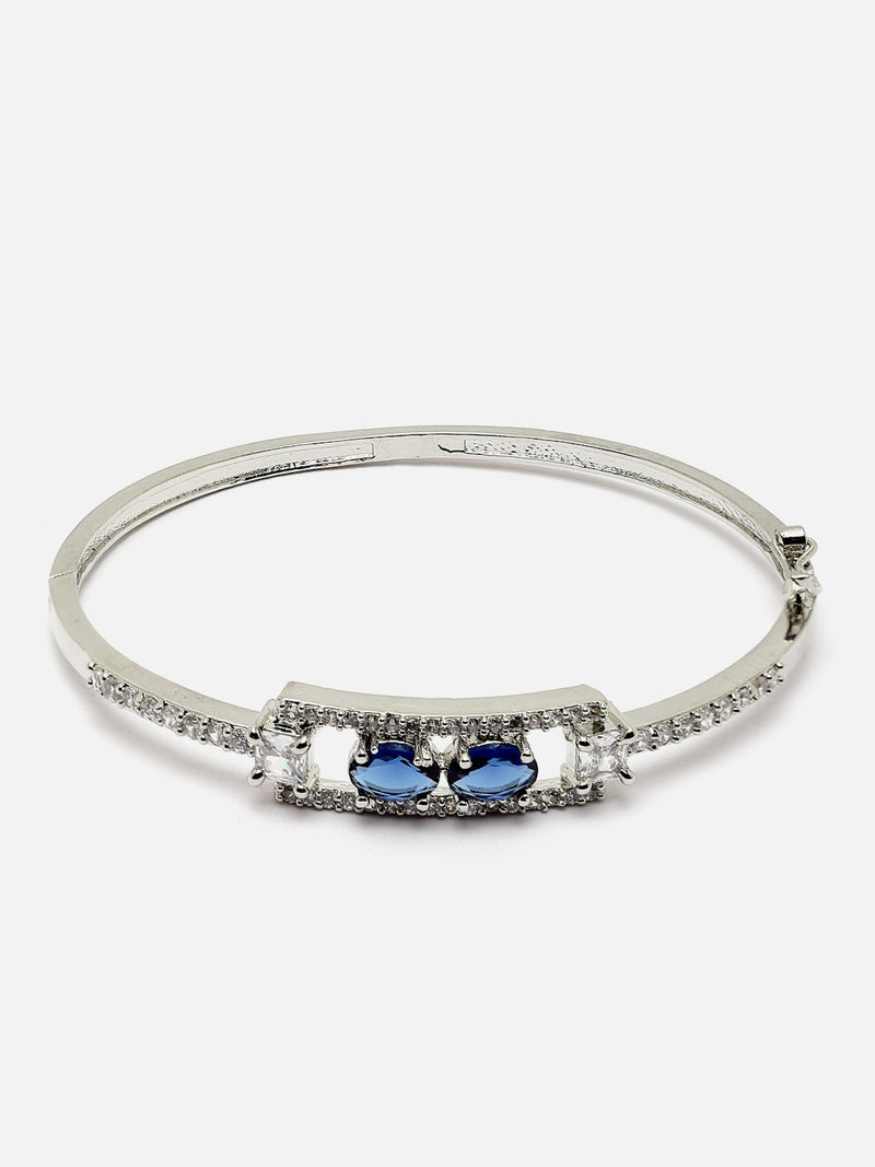 Rhodium-Plated Silver Toned Navy Blue American Diamond Studded Kada Bracelet