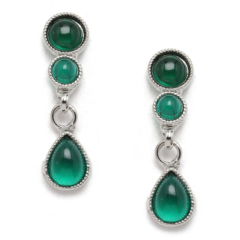 Oxidised Silver-Plated Green Round American Diamond Studded Necklace with Earrings Jewellery Set