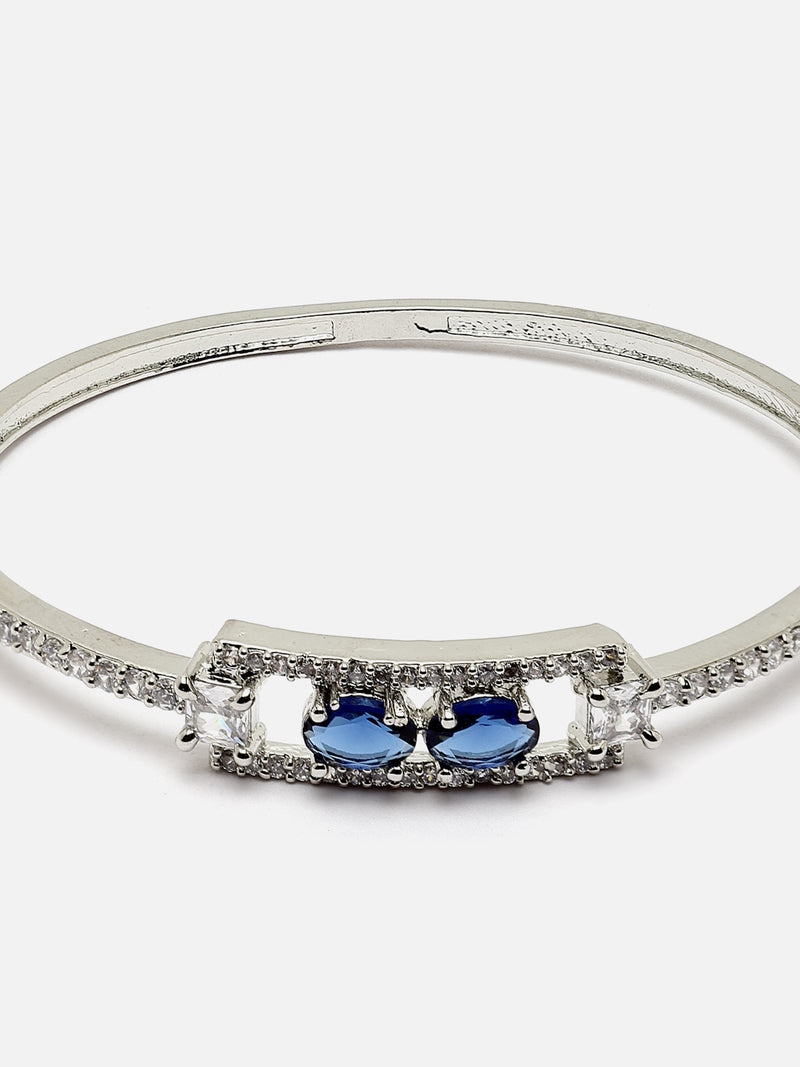 Rhodium-Plated Silver Toned Navy Blue American Diamond Studded Kada Bracelet