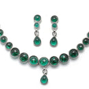 Oxidised Silver-Plated Green Round American Diamond Studded Necklace with Earrings Jewellery Set