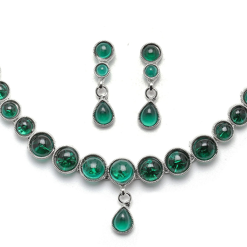 Oxidised Silver-Plated Green Round American Diamond Studded Necklace with Earrings Jewellery Set