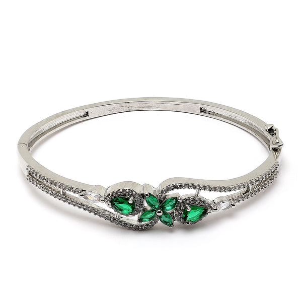Rhodium-Plated Silver Toned Flower Green American Diamond Studded Bracelet