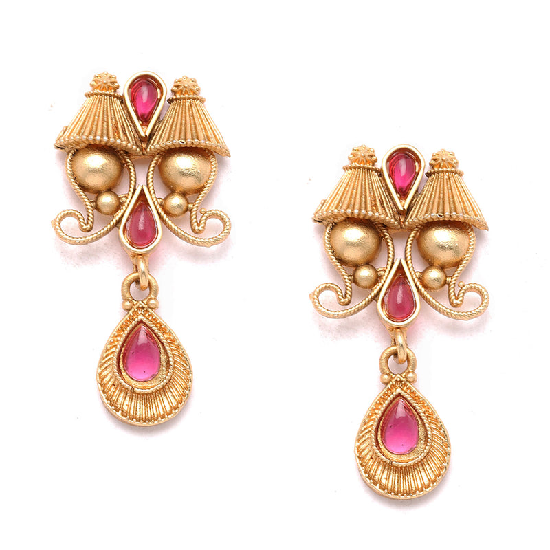 Gold-Plated Red Artificial Stone Studded Antique Necklace with Earrings Jewellery Set