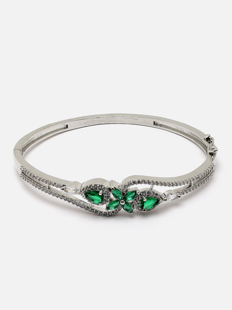 Rhodium-Plated Silver Toned Green American Diamond Studded Kada Bracelet