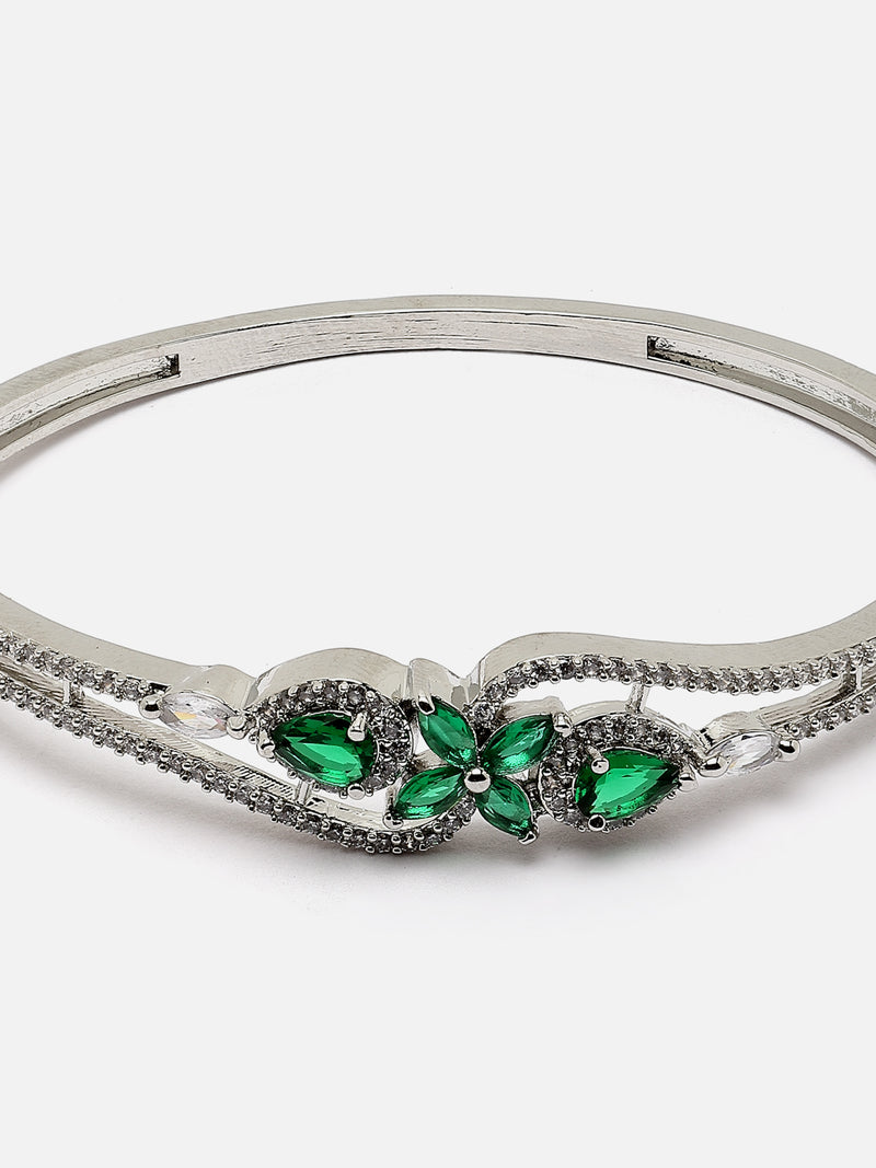 Rhodium-Plated Silver Toned Green American Diamond Studded Kada Bracelet