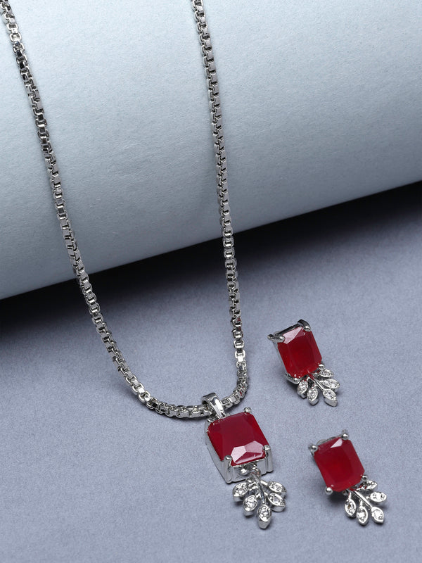 Rhodium-Plated Red American Diamond Studded Square & Leaf Shaped Pendant with Earrings Jewellery Set