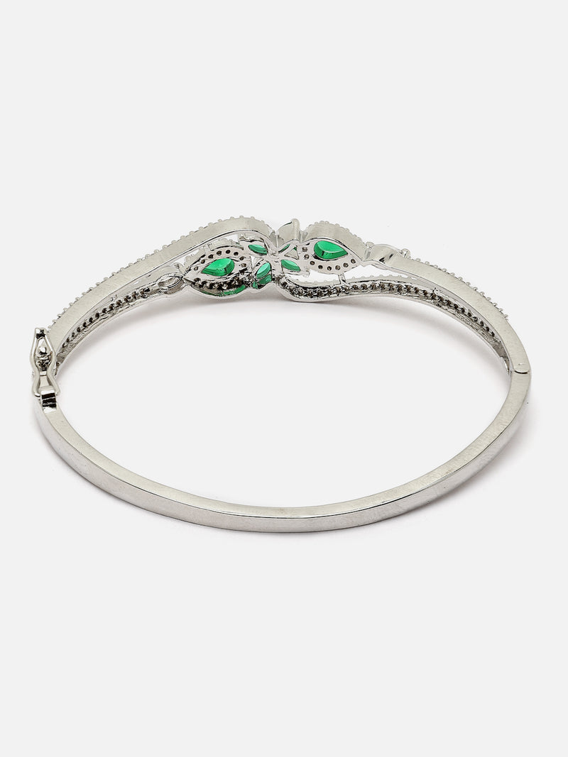 Rhodium-Plated Silver Toned Green American Diamond Studded Kada Bracelet